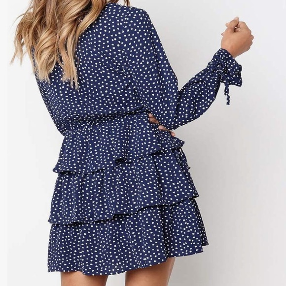 Navy and White Keyhole Ruffle Skirt Mini Dress - Picture 3 of 11